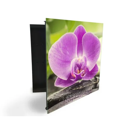 Glasdekor skříňka na klíče - velký fialový květ orchideje na kameni