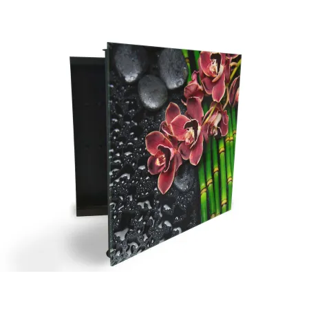 Glasdekor skříňka na klíče - orchidej, černý kámen a bambus