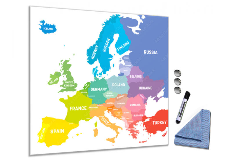 Magnetická tabule barevná mapa Evropy - čtvercový rozměr